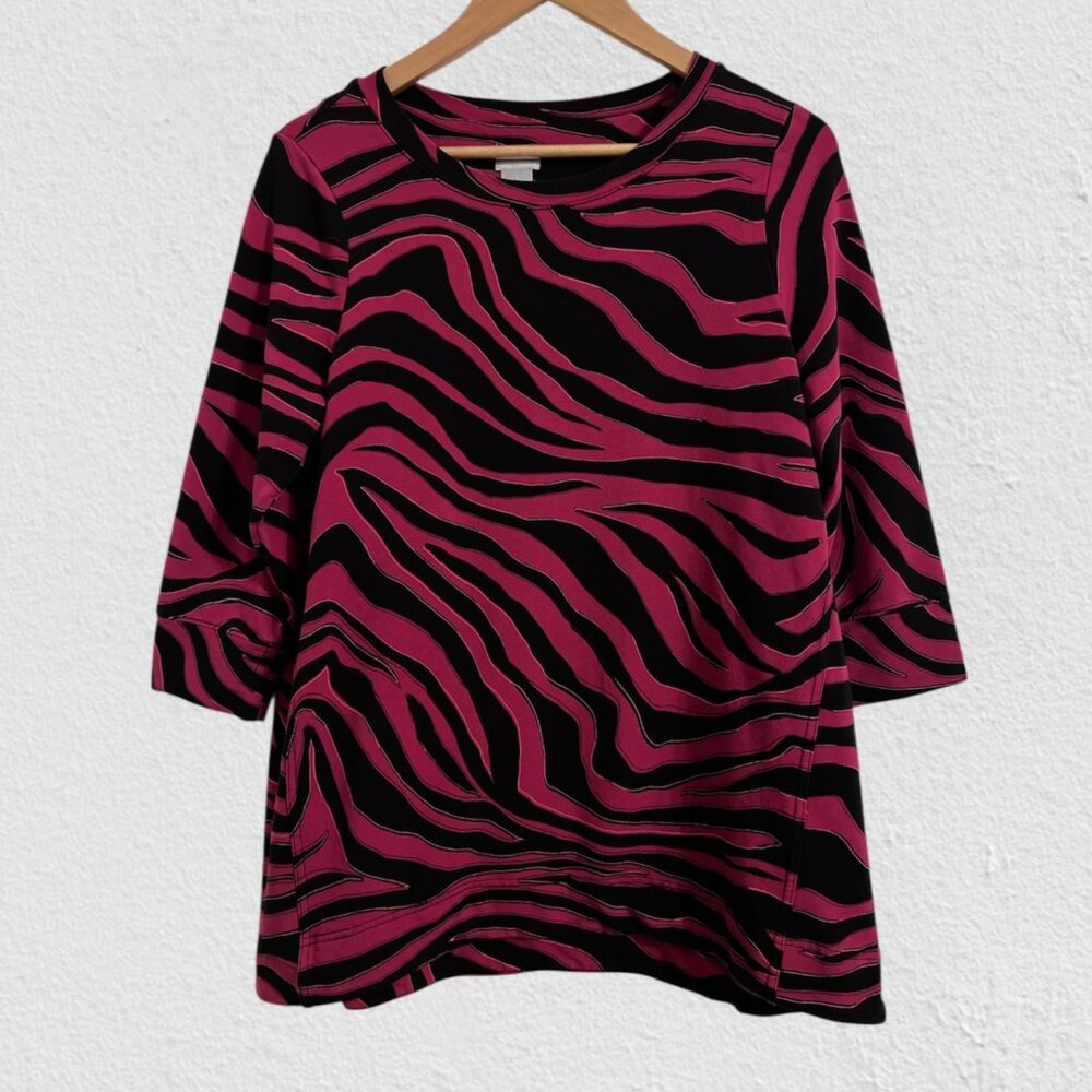 Chico's Zenergy Tee Size 8/10 Medium French Terry T-Shirt Animal Print Top